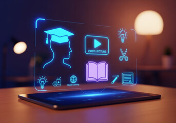 Futuristic e-learning concept with a glowing holographic interface displaying educational icons above a tablet on a desk.