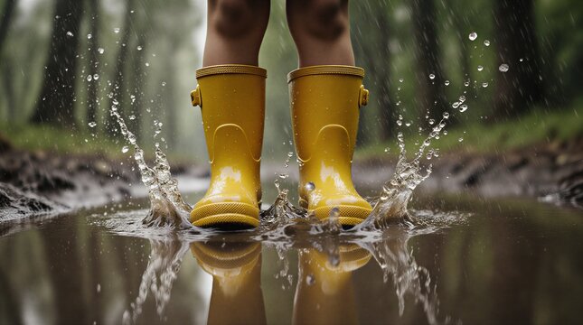energetic child jumping in a puddle on a rainy autumn day, splashing water and having fun | children, outdoor, weather, activity, season theme