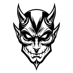 Scary Demon Head – Black and White Vector Illustration