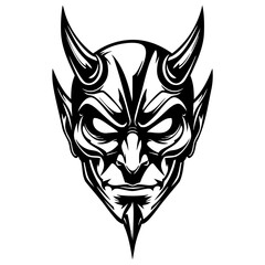 Evil Demon Head with Horns – Black and White Vector Illustration