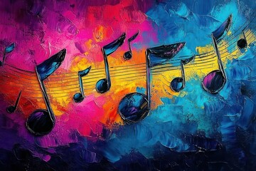 Colorful textured painting of musical notes on staff with vibrant pink, orange, yellow, blue, and purple abstract background, conveying lively and dynamic emotion
