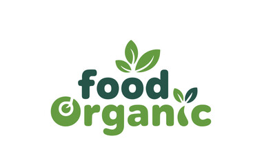 Food text in dark green and Organic text in light green with leaves