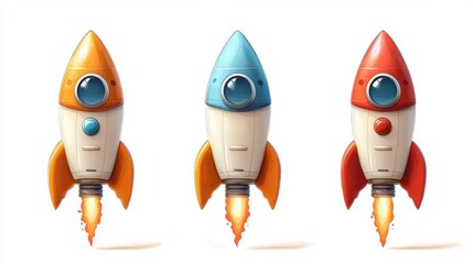 Three colorful retro-style rockets with orange fins and fiery thrusters launching against a white background, evoking a playful and adventurous mood