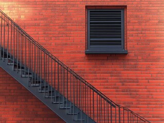 angled black metal staircase ascending alongside a red brick wall with a closed black shuttered window above it in soft sunlight