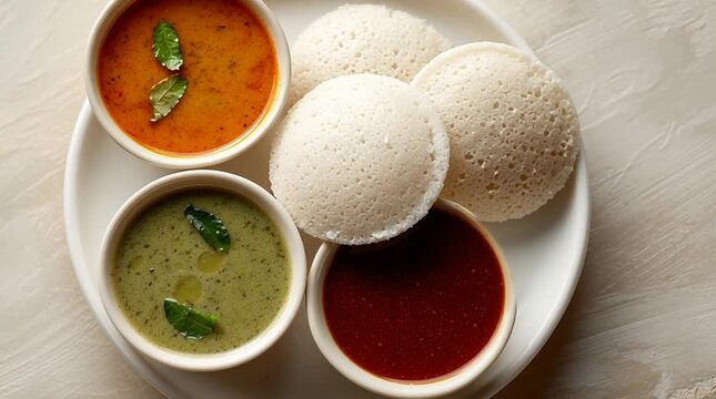Idli and Sambar: A top-down perspective of a delectable Indian breakfast, showcasing soft, fluffy idli complemented by flavorful sambar and chutney, all meticulously arranged on a clean, white plate.