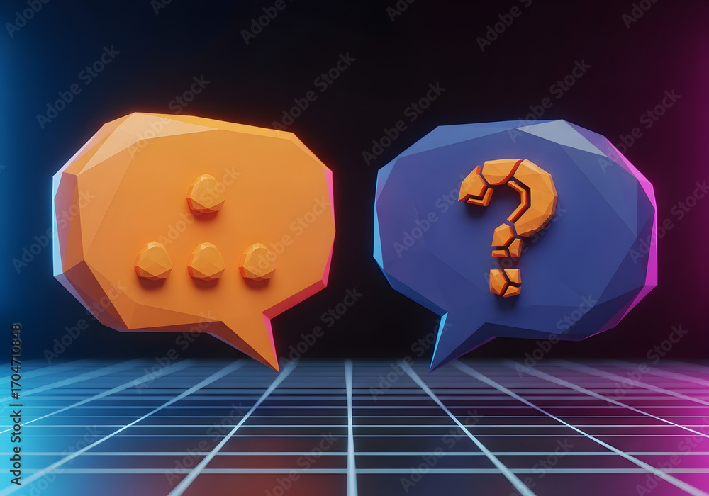 Poster two speech bubbles, one with a question mark, on a grid background.