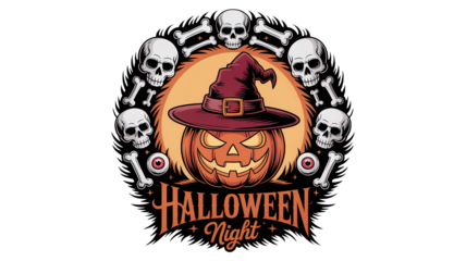 Spooky Halloween night illustration features a grinning jack-o'-lantern with witch hat surrounded by skulls and bones creating a festive, eerie atmosphere for celebrations.