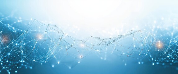 Abstract digital network visualization with interconnected glowing nodes and lines forming a complex web on a blue gradient background, symbolizing technology and connectivity