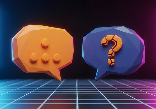 Two speech bubbles, one with a question mark, on a grid background. - Powered by Adobe