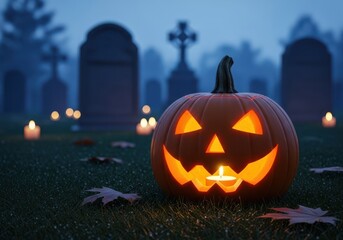 A carved jackolantern glows eerily in a misty graveyard at night