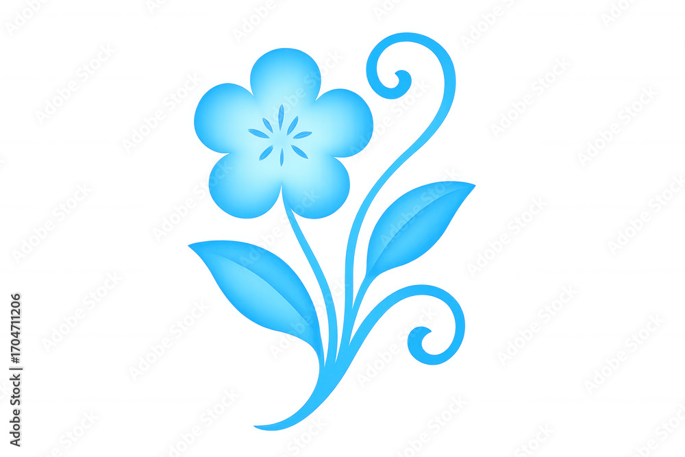 Poster light blue flower with swirls and leaves creating a decorative element, ideal for various design pro
