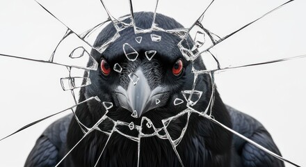 Raven's piercing gaze through shattered barrier, a striking image of intensity and mystery