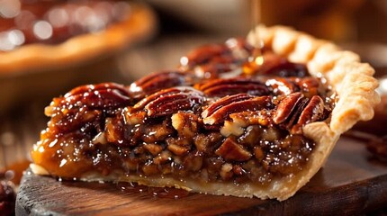Pecan Pie Slice: A close-up shot showcases a delectable slice of pecan pie, boasting a flaky crust and a rich, glistening filling that epitomizes dessert and indulgence. - Powered by Adobe