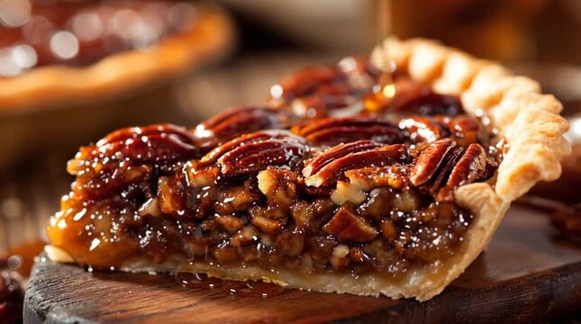 Pecan Pie Slice: A close-up shot showcases a delectable slice of pecan pie, boasting a flaky crust and a rich, glistening filling that epitomizes dessert and indulgence.