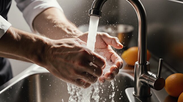 chef meticulously washes hands under running water emphasizing strict hygiene protocols | culinary, health, food, lifestyle, cooking theme