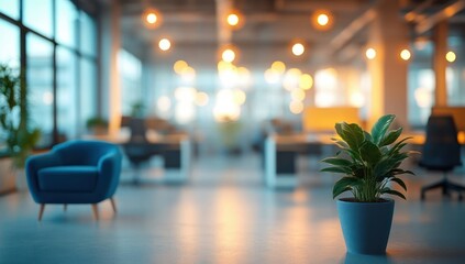 Modern office interior with a potted green plant in the foreground and blurred lights and furniture creating a warm, inviting atmosphere
