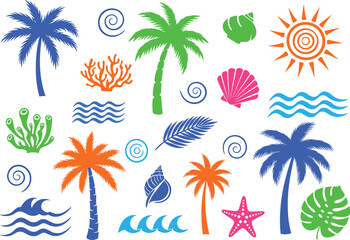 Obraz premium Tropical summer vector set with palm trees, seashells, corals, ocean waves, sun, starfish, and exotic leaves in bright colors