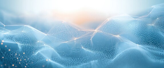 Abstract digital landscape with interconnected glowing nodes and lines forming a network over a smooth, wave-like surface with blue and white tones