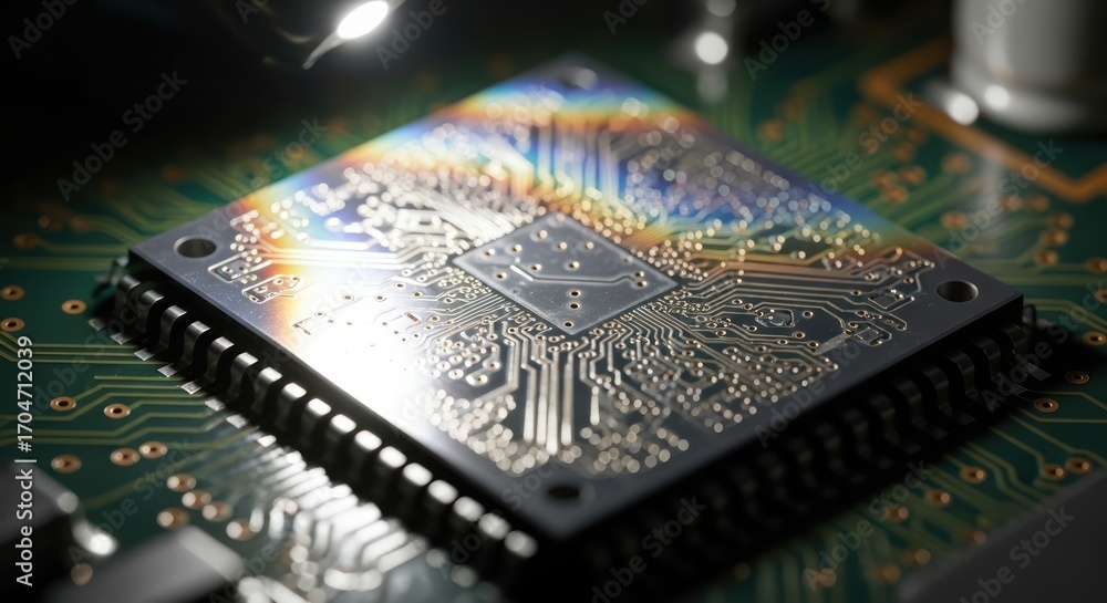 Aufkleber macro view of a modern computer chip on a green circuit board representing advanced technology
