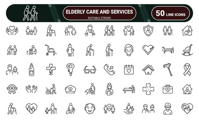 Comprehensive collection of elderly care and senior services icons for health home and support websites and apps