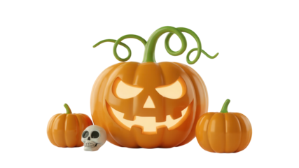 Spooky glowing jack-o-lantern with grinning face flanked by smaller pumpkins and a skull creates festive Halloween atmosphere perfect for seasonal decorations and party invites