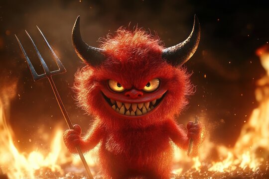 Furry red demon with large curved horns holding a pitchfork and carrot, grinning menacingly with sharp teeth amid fire and sparks background