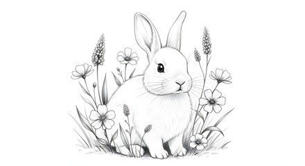 Obraz premium A charming ink drawing of a fluffy white rabbit nestled among wildflowers, isolated on white background, capturing the essence of spring and natures delicate beauty