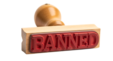 Wooden stamp with red banned text isolated on a transparent background
