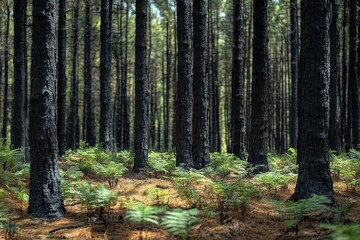 Naklejka premium Dense forest with tall, straight tree trunks and new green ferns growing on the forest floor covered with dry pine needles