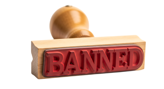 Wooden stamp with red banned text isolated on a transparent background