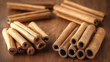Close-up view of several cinnamon sticks arranged on a wooden surface highlighting their textured brown bark and hollow centers