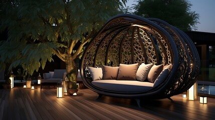Luxury outdoor lounge nestled amidst ambient lighting and lush greenery for relaxation at twilight