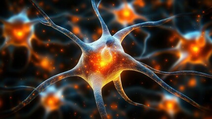 Close-up view of glowing neurons with branching dendrites transmitting electrical signals in a dark neural network environment