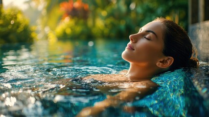 Fototapeta premium Young woman relaxing in tranquil outdoor pool, serene expression, lush tropical background, peaceful water, natural sunlight