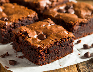 Delicious Chocolate Brownies with Chocolate Chips on Rustic Wooden Table