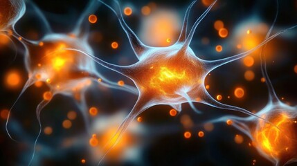 Close-up view of glowing neurons with vibrant orange synapses transmitting signals in a dark, blurred neural network environment