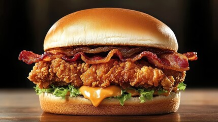 Close-up of a crispy fried chicken sandwich with melted cheddar cheese, fresh lettuce, and crispy bacon strips inside a soft toasted bun
