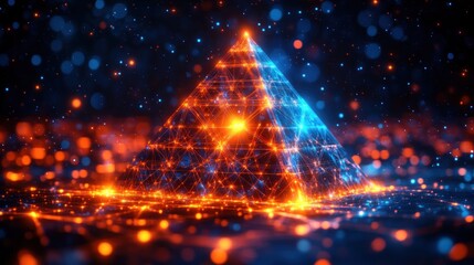 Glowing digital pyramid with interconnected network of bright orange and blue lights in a dark space with floating dots and bokeh effects