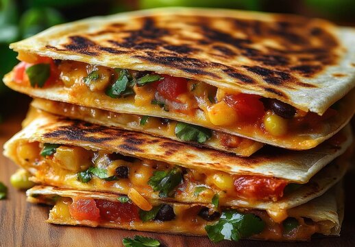 Stack of grilled quesadillas filled with melted cheese, black beans, corn, diced tomatoes, and fresh cilantro on a wooden surface