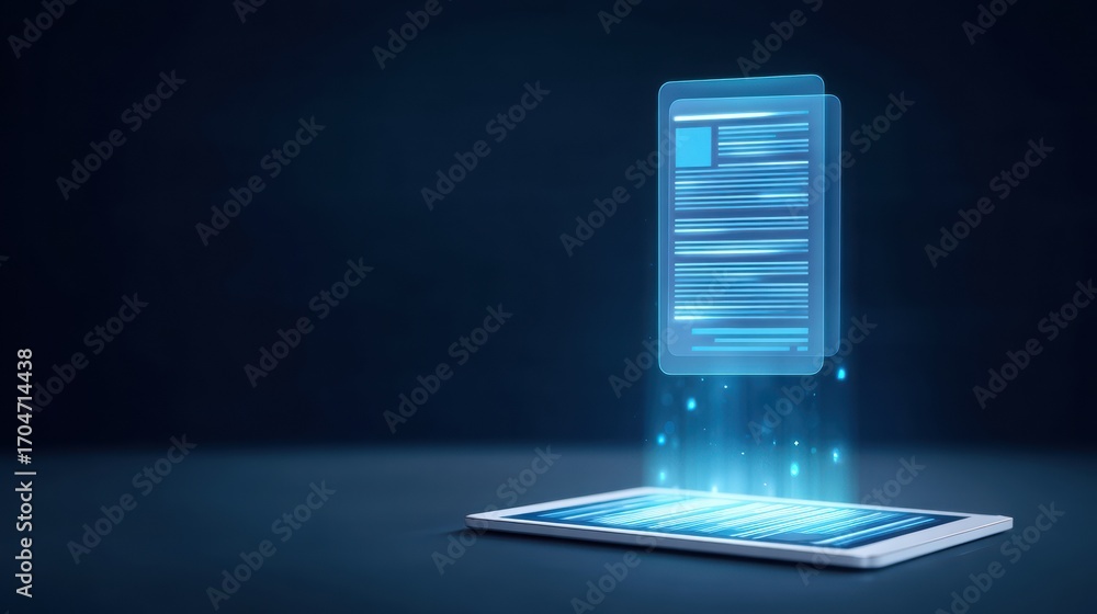 Poster career development futuristic device with digital document emerging from a laptop, symbolizing techn
