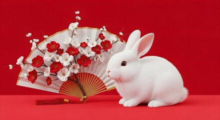 Adorable white rabbit sitting next to a traditional chinese fan adorned with red and white flowers, symbolizing good fortune and prosperity for the lunar new year