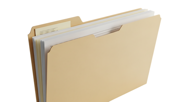 Tan file folder with papers isolated on a transparent background