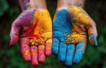 Two cupped hands holding vibrant colored powders in red, yellow, and blue tones against a blurred natural green background, conveying creativity and celebration