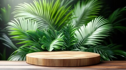 Close-up view of various green tropical palm leaves arranged behind a round wooden platform with soft natural lighting creating a fresh and calming atmosphere