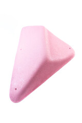 Professional pink rock climbing hold with ergonomic design for training, fitness, and bouldering on indoor climbing walls with white background.