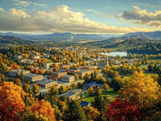Picturesque small town nestled among colorful autumn trees with a river, surrounded by rolling hills and mountains under a partly cloudy sky