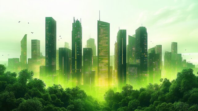 Futuristic city skyline with tall illuminated buildings surrounded by lush green forest under a bright sky with flying birds - Powered by Adobe