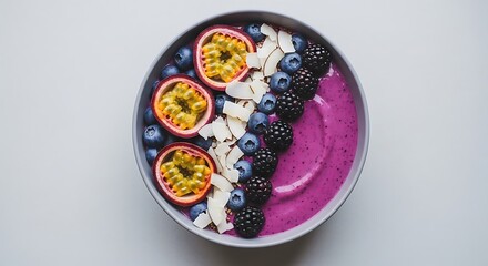 Purple Smoothie Bowl with Tropical Fruits.