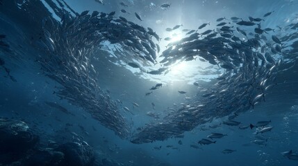Photo-realistic school of fish forming a heart shape underwater in the blue ocean, sunlight filtering through water, detailed aquatic scene with movement, marine life composition