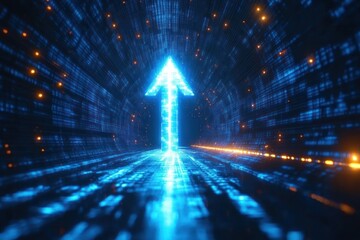 Glowing blue digital arrow pointing forward in a tunnel of streaming binary code and light particles, symbolizing data flow and futuristic technology